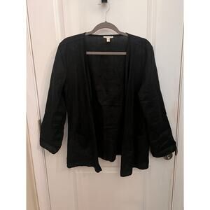 Eileen Fisher 100% Organic Linen Open Jacket Blazer M Black Pockets Long Sleeve